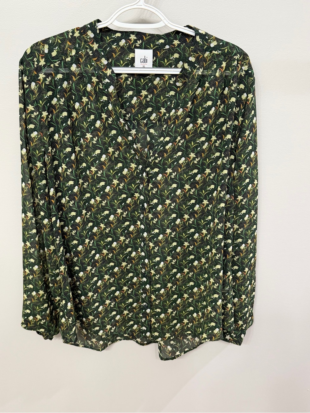 CAbi Dark Green Floral V-Neck Blouse